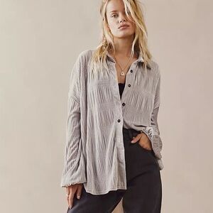Free People “My Best Top” Velvet Button-Up Shirt - Silver/Gray